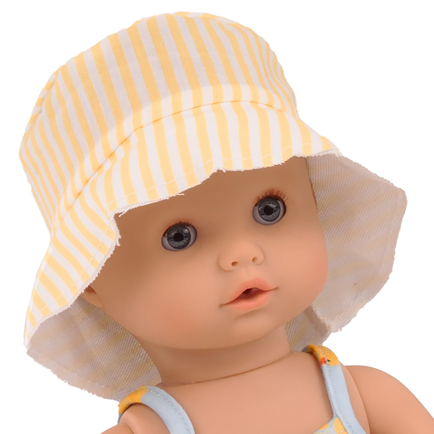 Gotz Sleepy Aquini baby doll with yellow striped sun hat and blue swimsuit