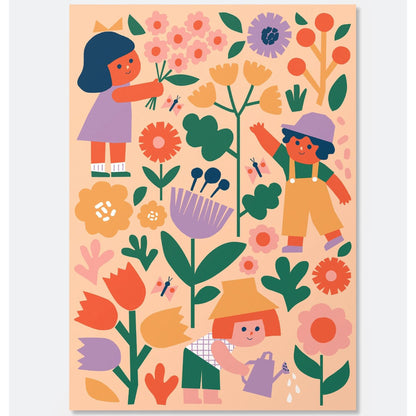 JOS Paint By Numbers - Flower Patch colorful garden illustration with children and flowers