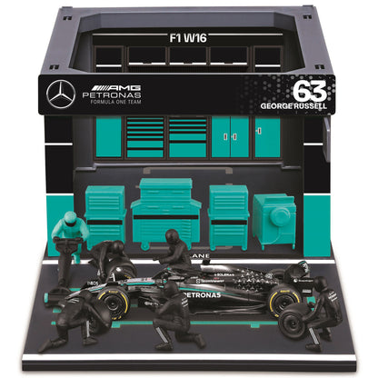 Bburago Pit Pass Playset with 2025 Mercedes W16 race car, pit garage, and six crew figures in turquoise and black