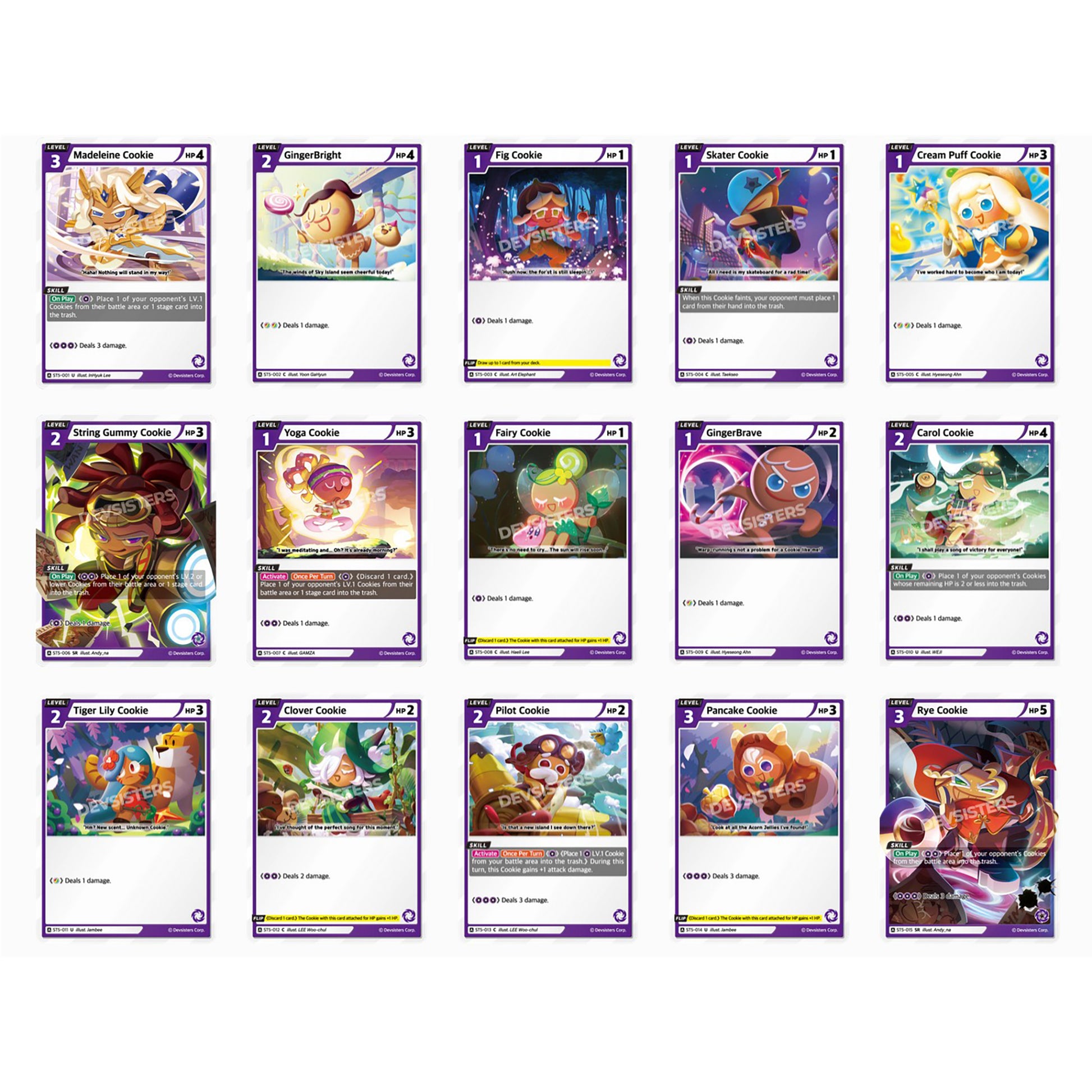 CookieRun Braverse Trading Card Game purple starter deck showing 15 character cards including Madeleine, Gingerbright...