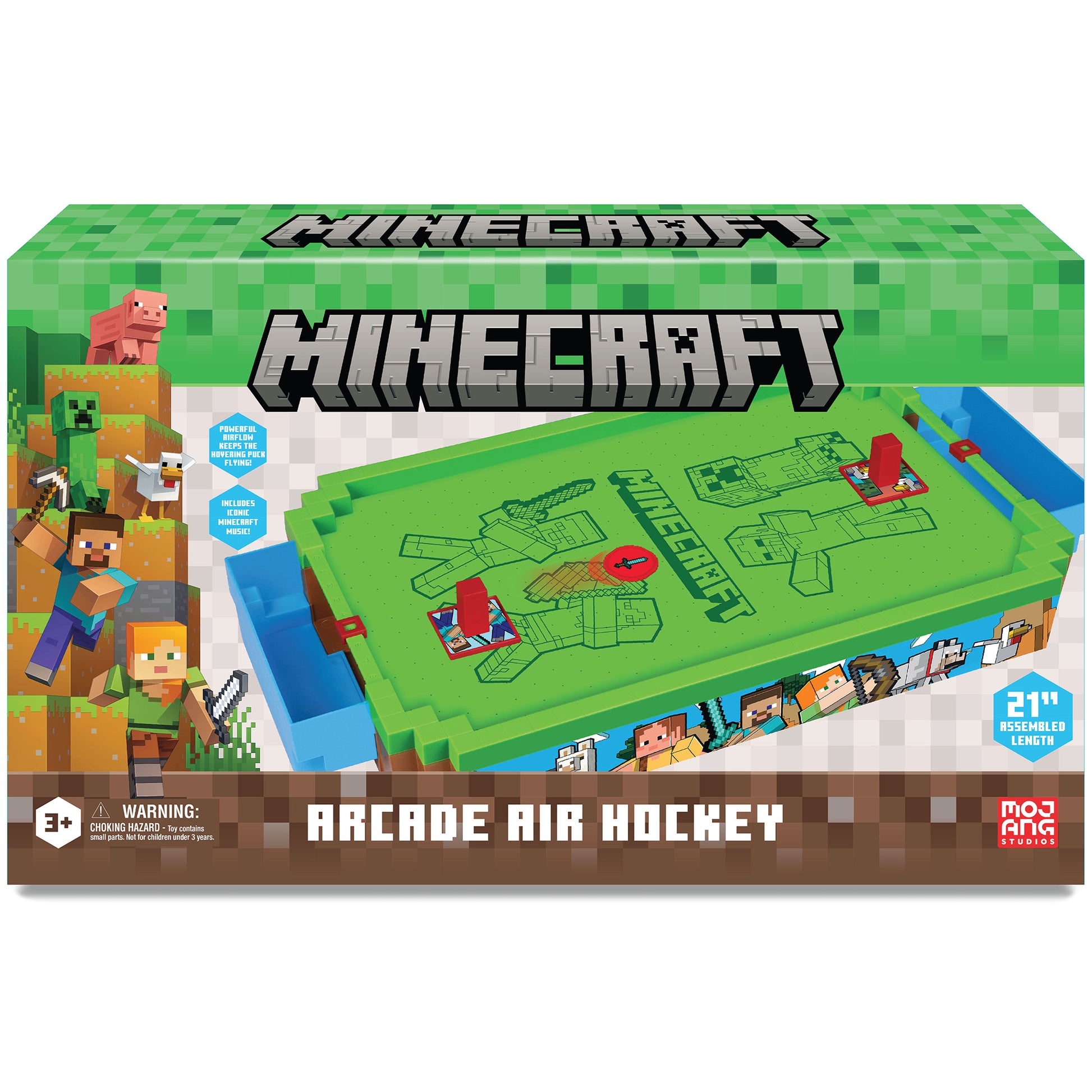 Minecraft Arcade Air Hockey 21" game with green overworld design and red pucks