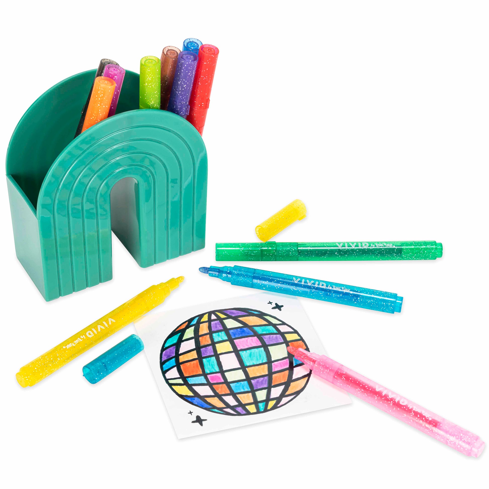 Glitter Markers set with turquoise storage holder, coloring page, and assorted bright colors