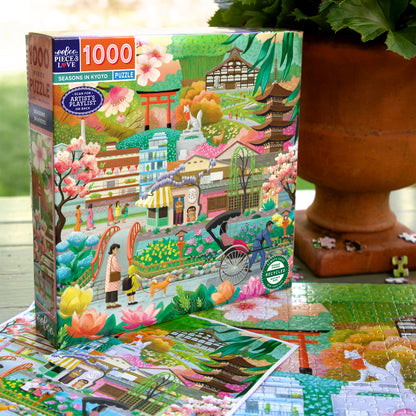 eeBoo Seasons in Kyoto 1000 piece puzzle box and completed sections showing colorful Japanese garden scene