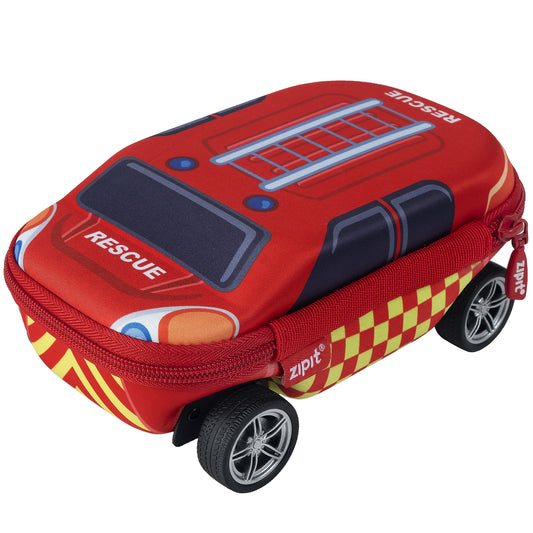 ZIPIT Fire Truck Pencil Case in red with spinning wheels, rescue graphics, and yellow checkered pattern
