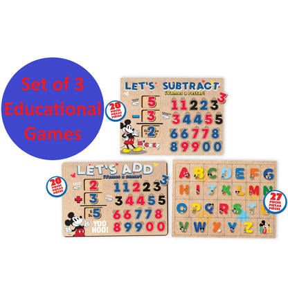 Disney Set of 3 Educational Games with Mickey featuring addition, subtraction, and alphabet wooden puzzles