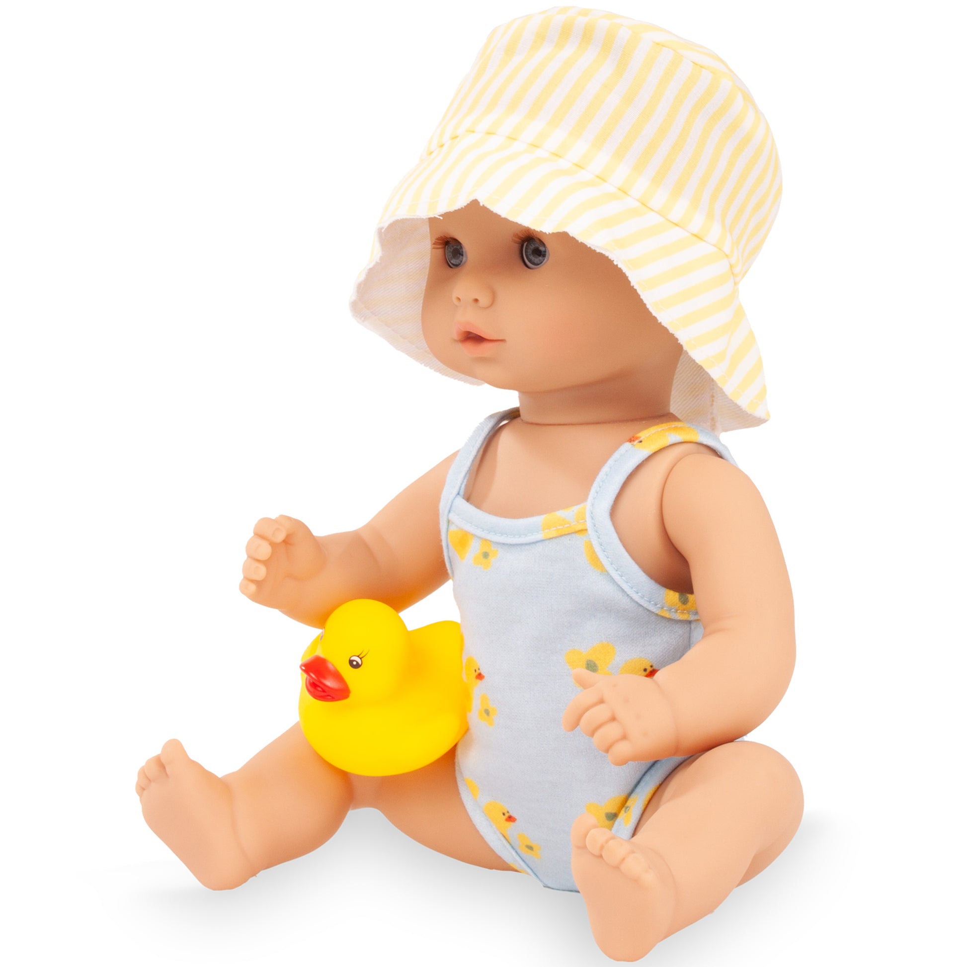 Gotz Sleepy Aquini baby doll in yellow striped hat with duck toy, blue swimsuit