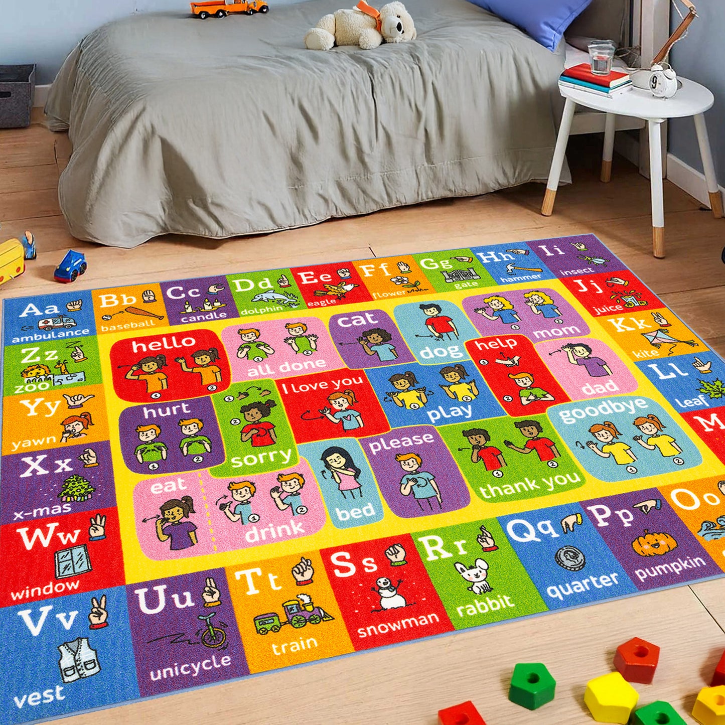 KC Cubs Educational Alphabet ASL Sign Language Rug, colorful 3x5' playmat with ABC letters and interactive learning a...