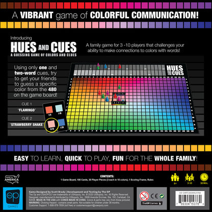 Hues and Cues board game showing colorful 480-color grid with player pieces and cards for family guessing game