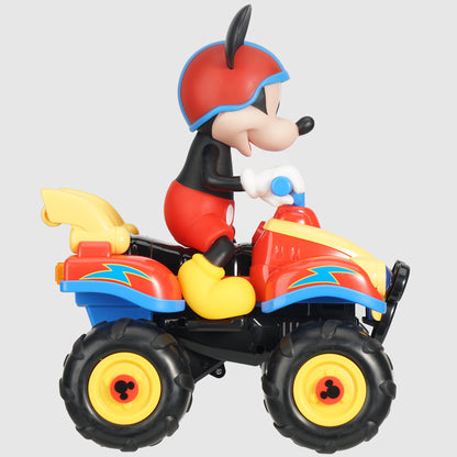 Disney Jr Mickey Mouse RC ATV 4-Wheeler toy in red, yellow and blue with light-up features