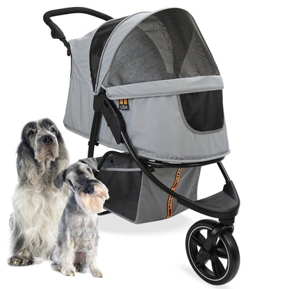 My Duque Cooper Pet 3-Wheeler Stroller in grey with two small dogs
