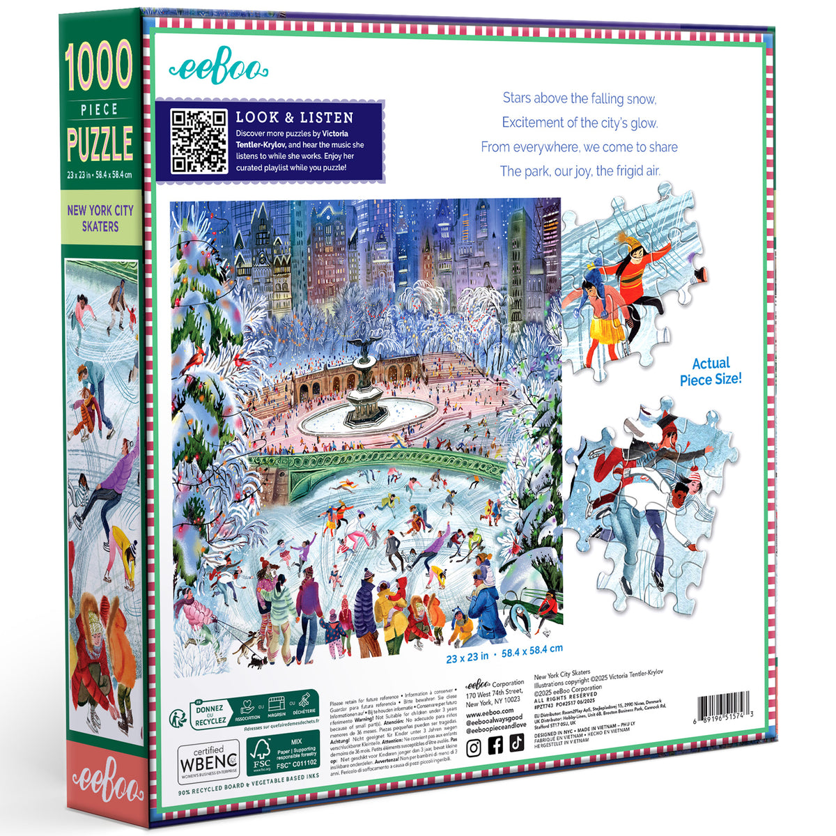 eeBoo New York City Skaters 1000 piece puzzle featuring snowy Central Park scene