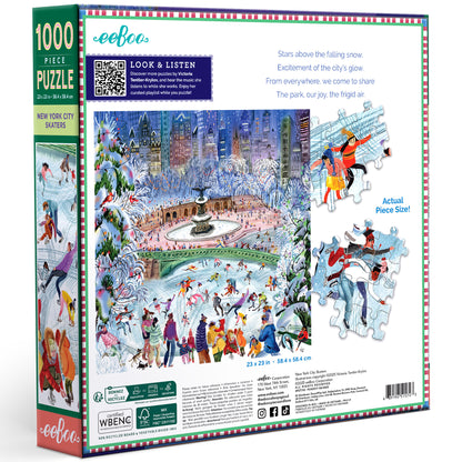 eeBoo New York City Skaters 1000 piece puzzle featuring snowy Central Park scene