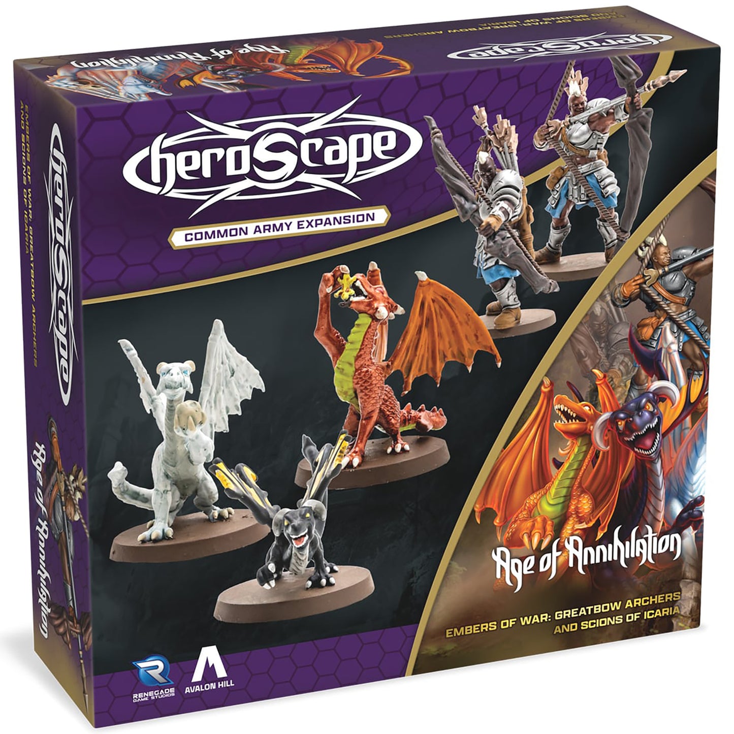 Heroscape Common Army Expansion with 5 unpainted miniatures including dragons and warriors in purple packaging