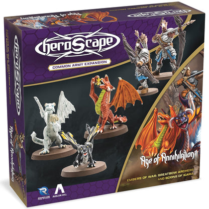 Heroscape Common Army Expansion with 5 unpainted miniatures including dragons and warriors in purple packaging