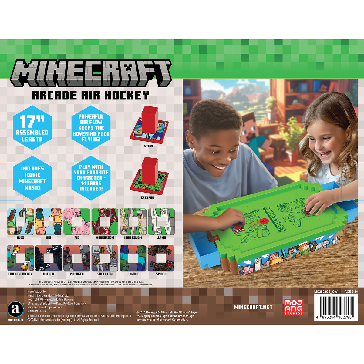 Minecraft Arcade Air Hockey game with green Overworld-themed table, red pucks, and character pusher covers including ...