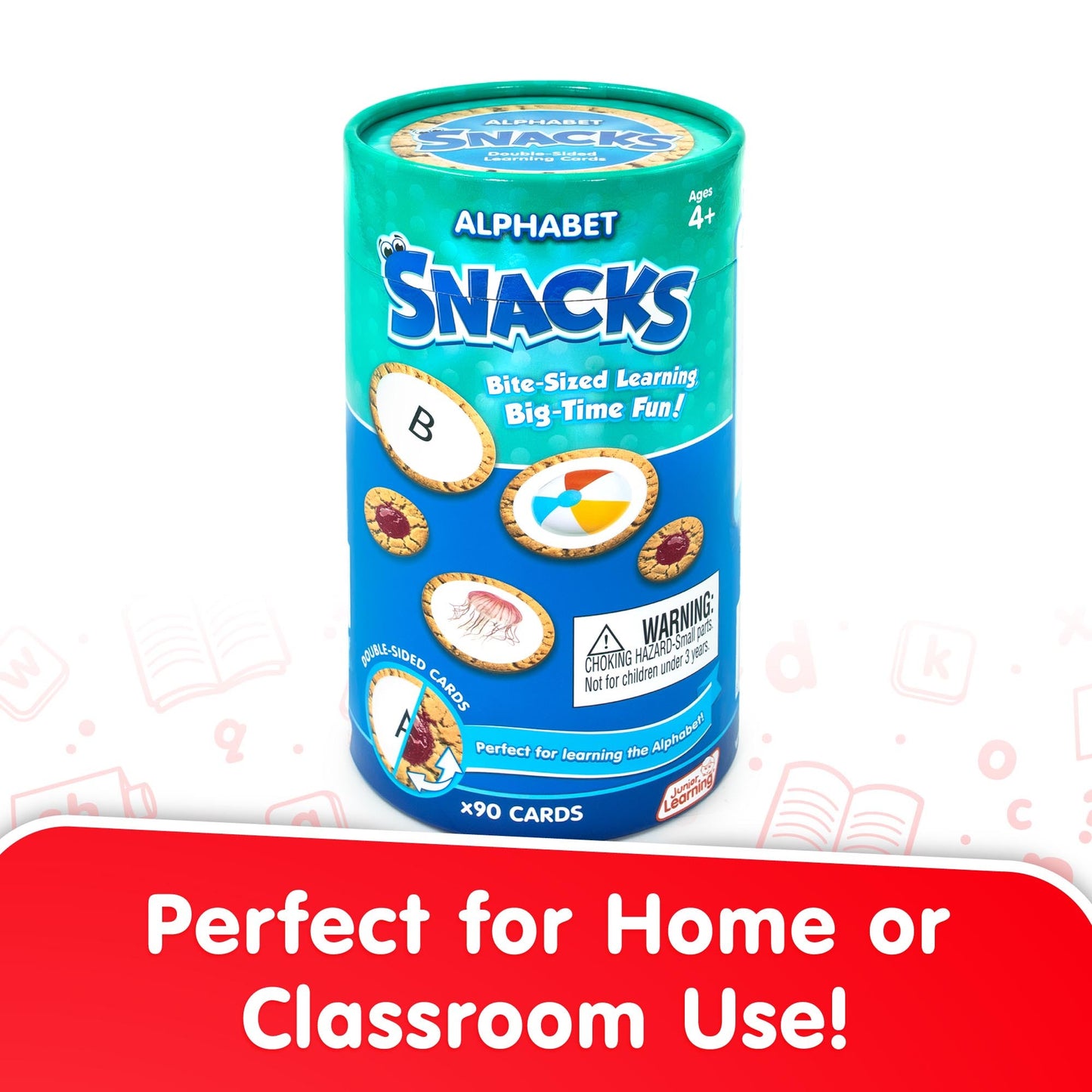 Alphabet Snacks educational card game with colorful bite-sized learning cards in turquoise canister