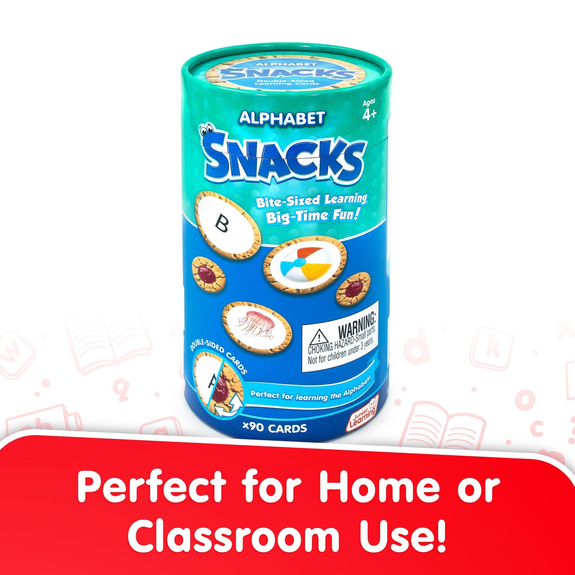 Alphabet Snacks educational card game with colorful bite-sized learning cards in turquoise canister