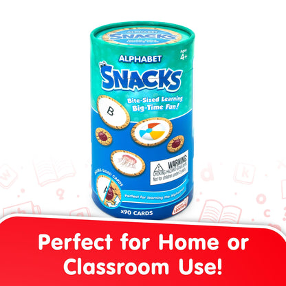 Alphabet Snacks educational card game with colorful bite-sized learning cards in turquoise canister