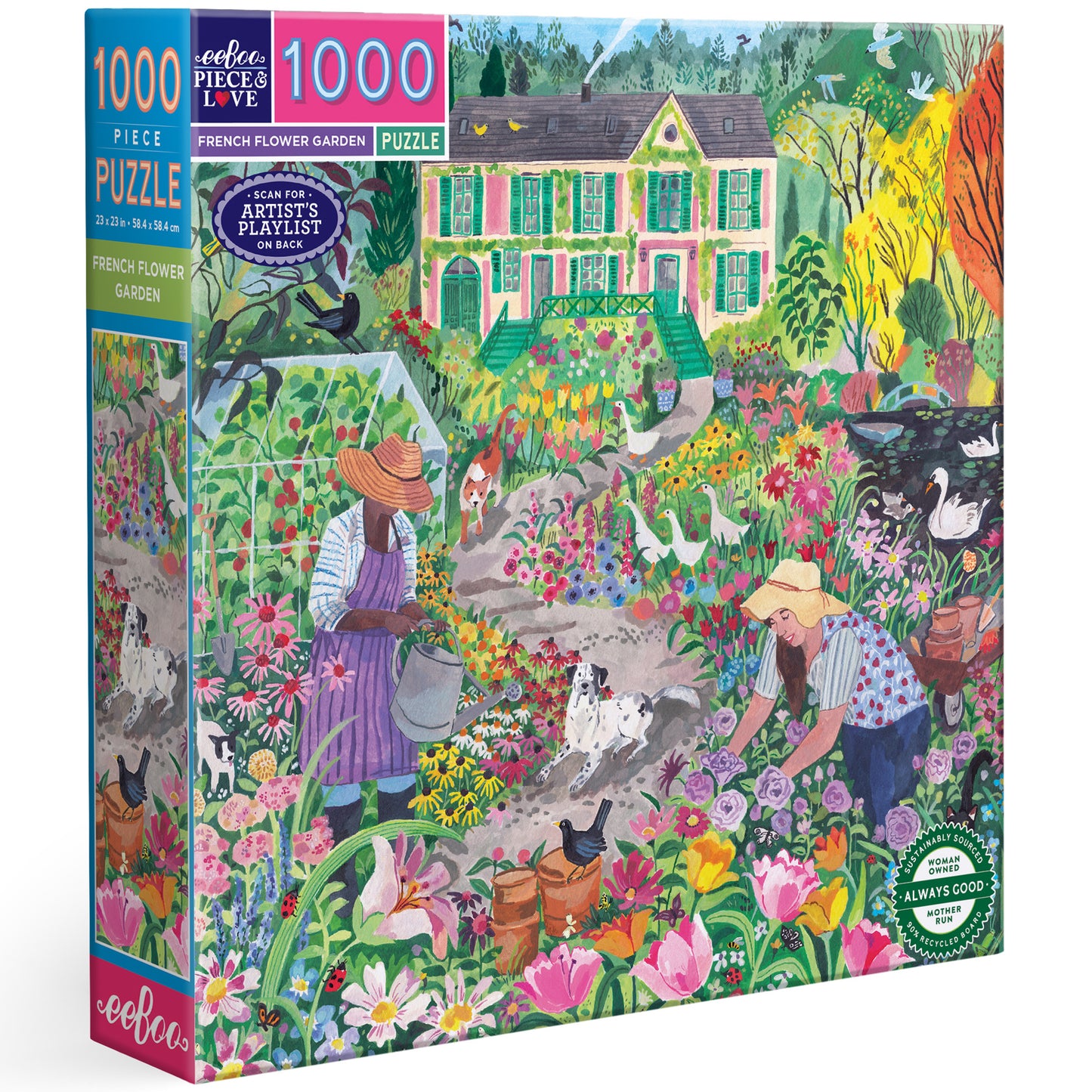Piece&Love French Flower Garden 1000 piece puzzle with colorful garden scene and house illustration
