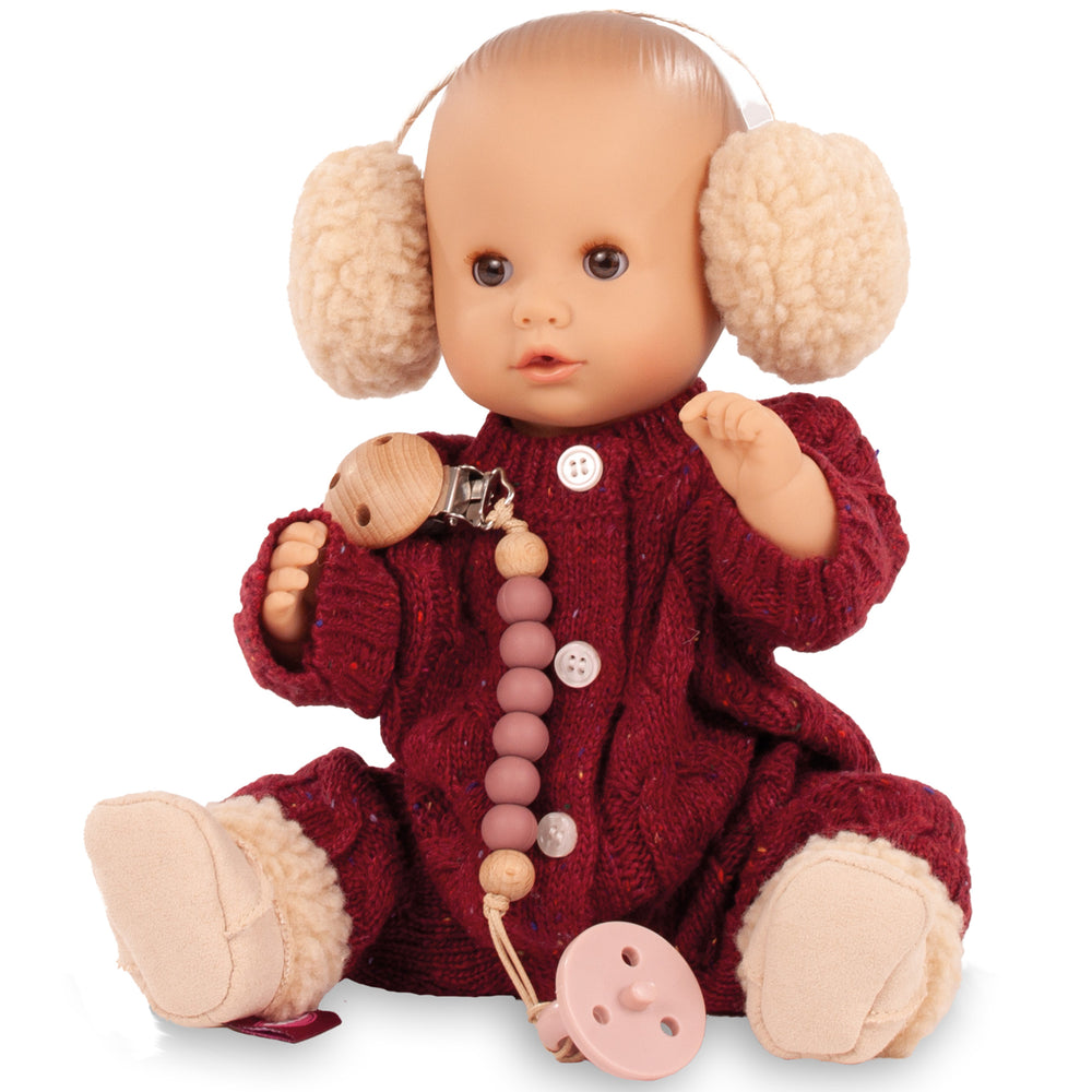 Jubilee Sleepy Aquini 13 inch doll with burgundy outfit and cream earmuffs