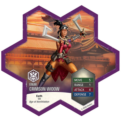 Heroscape Crimson Widow miniature figure with purple hexagon card showing stats and Asian temple background