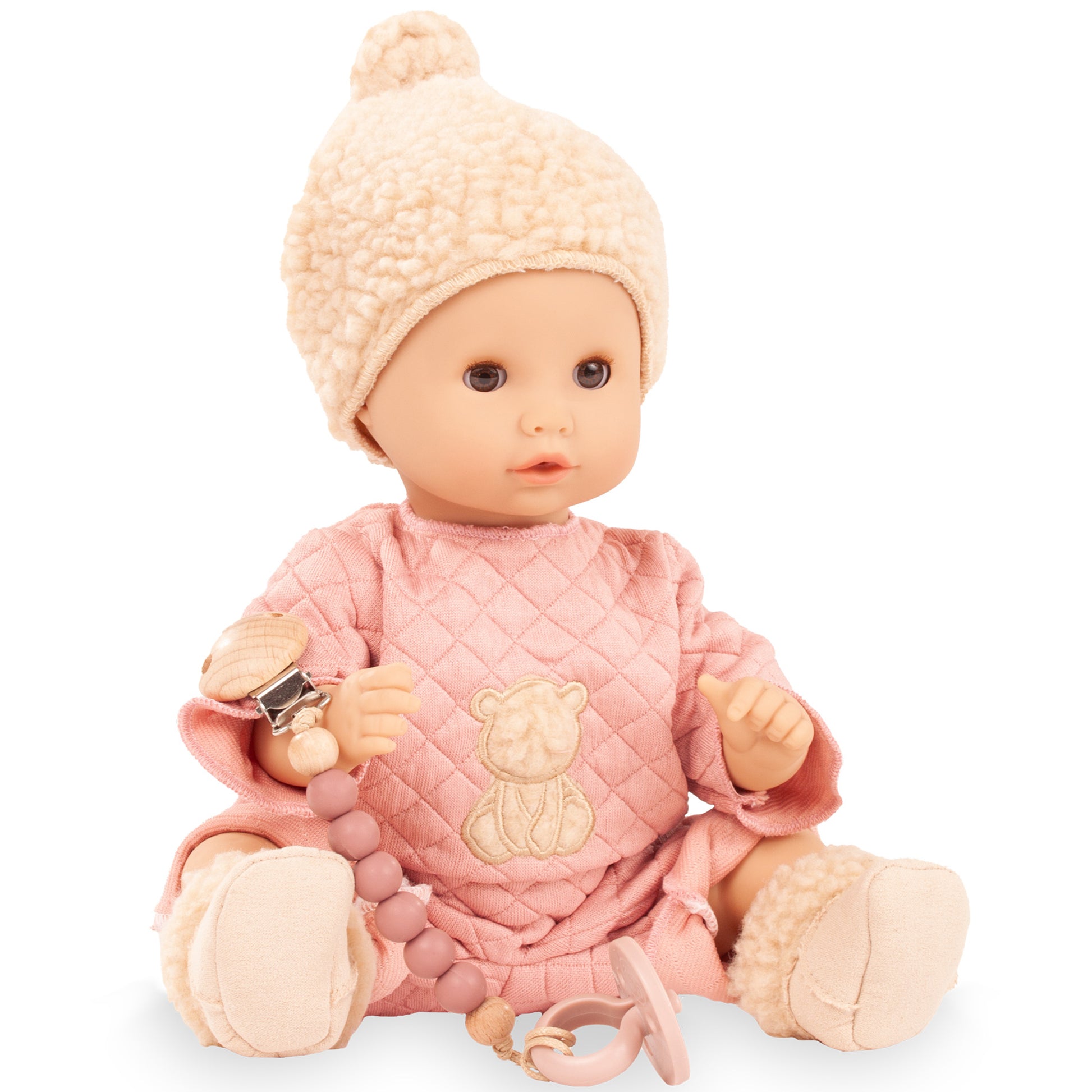 Gotz Sleepy Aquini Bear Baby Doll 13 inch pink outfit with bottle and pacifier