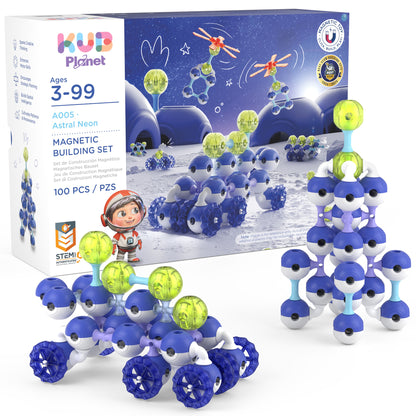 KUB Planet Astral Neon magnetic building set with 100 blue and neon green pieces for ages 3+