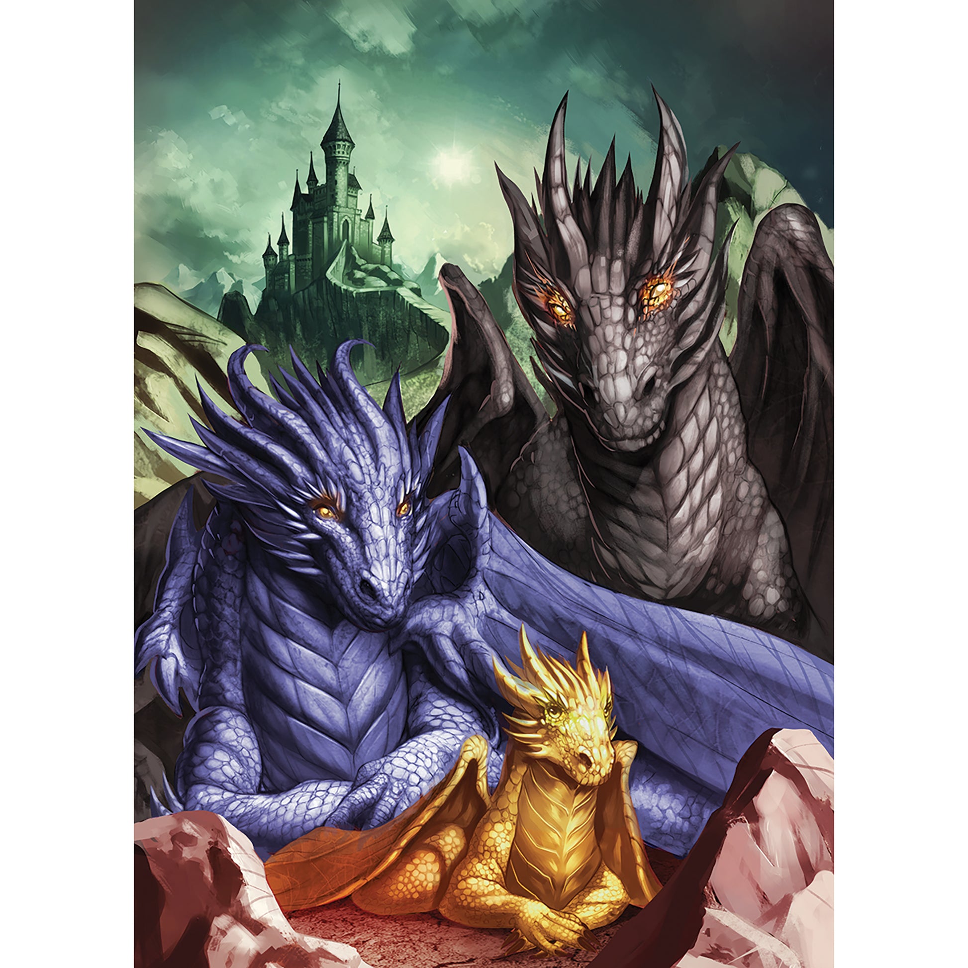 Fourth Wing 1000 piece puzzle featuring blue dragon Tairn, gray dragon Sgaeyl, and gold dragon Andarna with castle