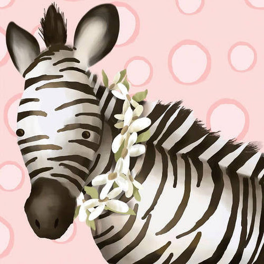 Stylized zebra head with white and brown stripes and white flowers on pink background with circular pattern