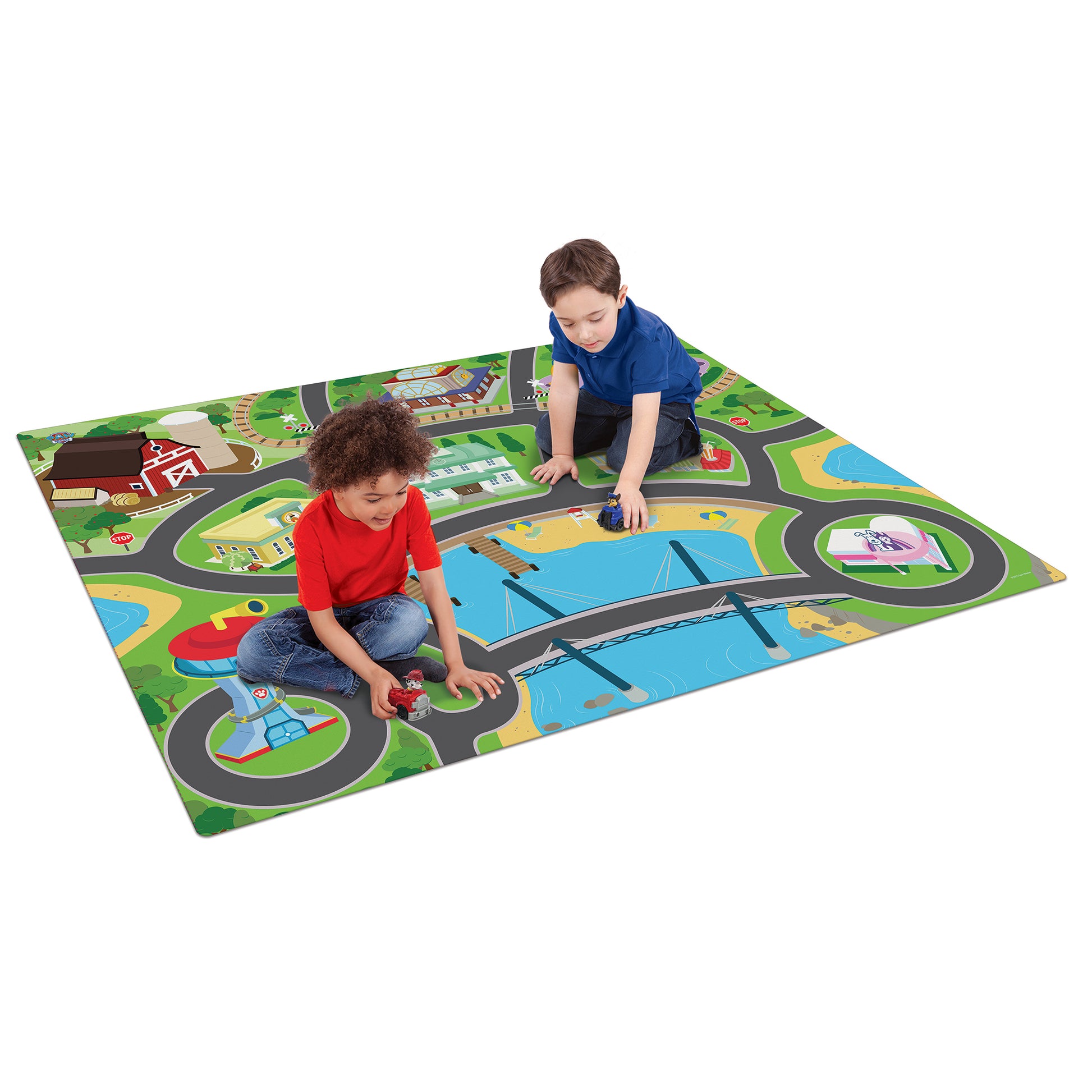 Imaginmat Jumbo Paw Patrol floor playmat with 2 toy cars, green and gray design