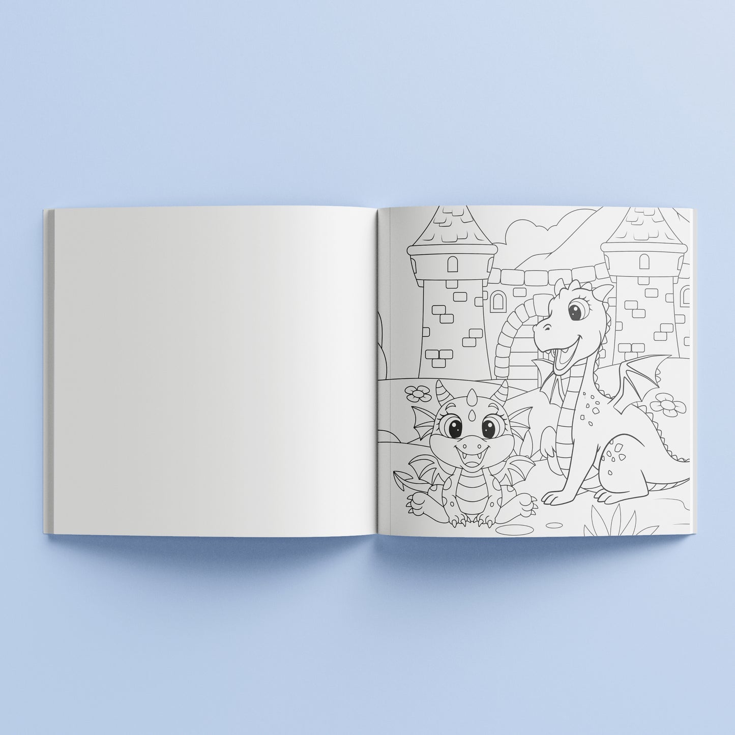Kaleidoscope Dragon Dreams coloring book open showing castle and dragon illustrations