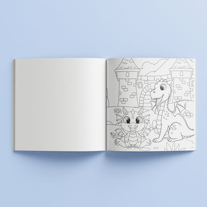 Kaleidoscope Dragon Dreams coloring book open showing castle and dragon illustrations