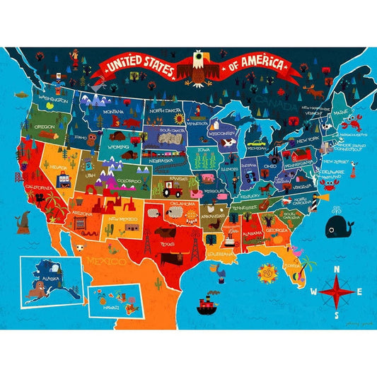 Colorful illustrated USA map with all 50 states labeled and decorated with regional icons, wildlife, landmarks, and cultural symbols in bright colors