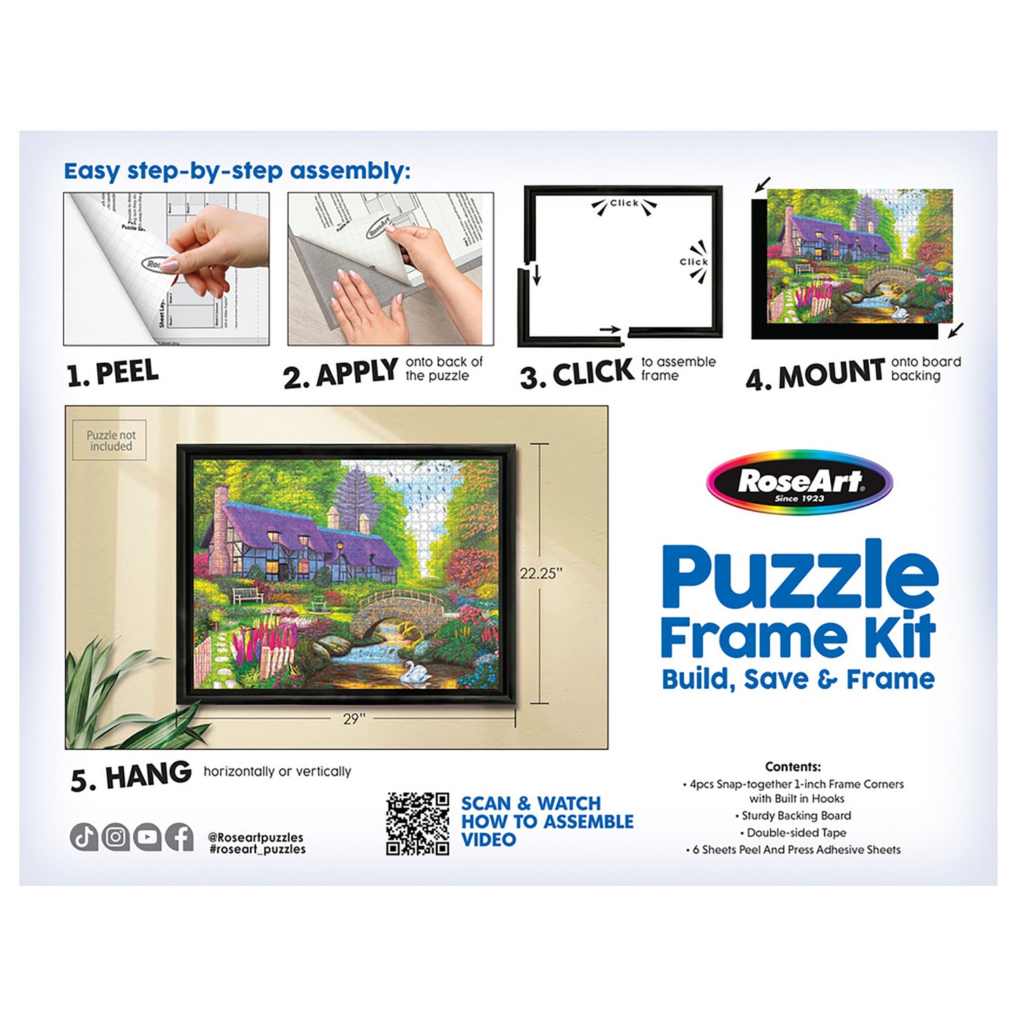 RoseArt Puzzle Frame Kit with colorful garden cottage puzzle and black frame