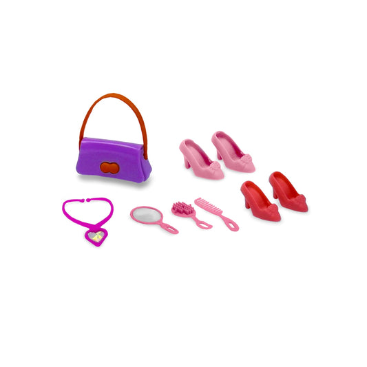 Doll fashion accessory set with purple handbag with orange handle, pink and red high-heeled shoes, heart-shaped necklace, mirror, brush, and comb