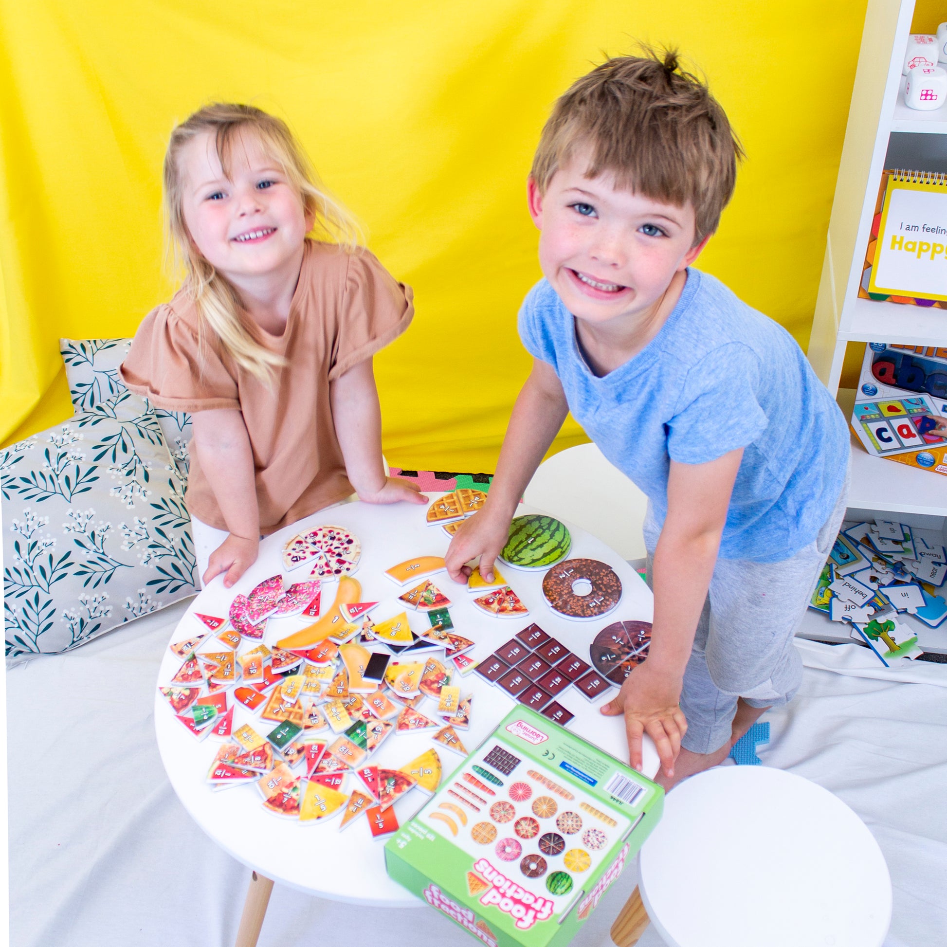 Junior Learning Food Fractions Educational Set with colorful food pieces and fraction cards