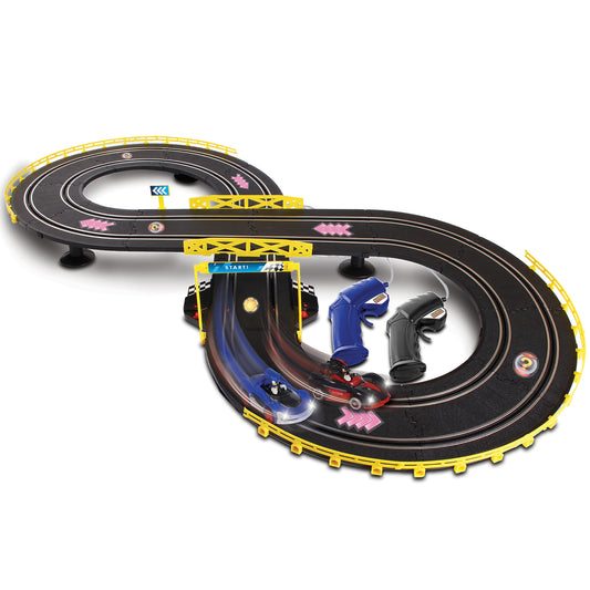 NKOK Sonic Crossworlds Slot Car Race Set with blue and black racing cars on black track with yellow barriers