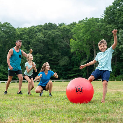 Wicked Big Sports 20 inch red kickball with family playing outdoors