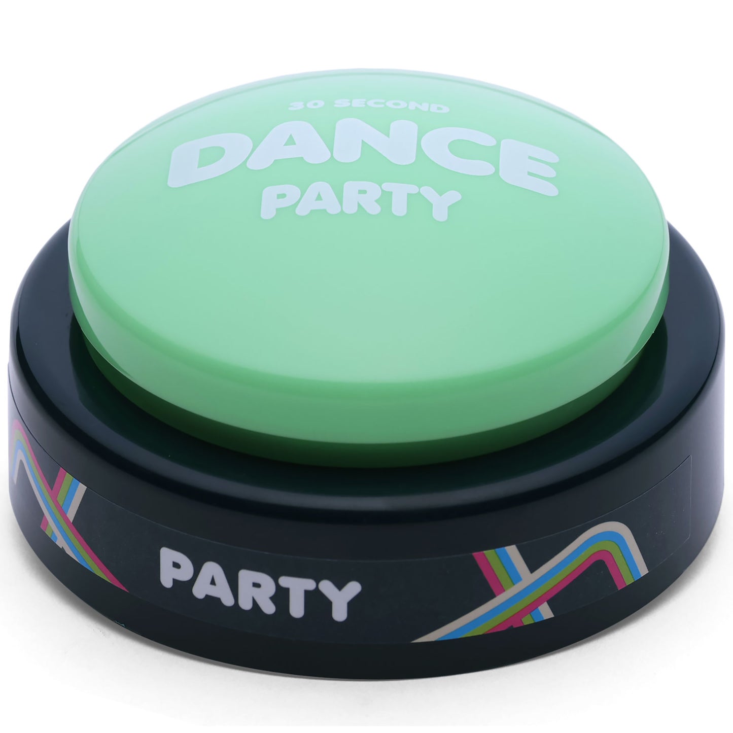 30 Second Dance Party green button toy with black base and colorful accents