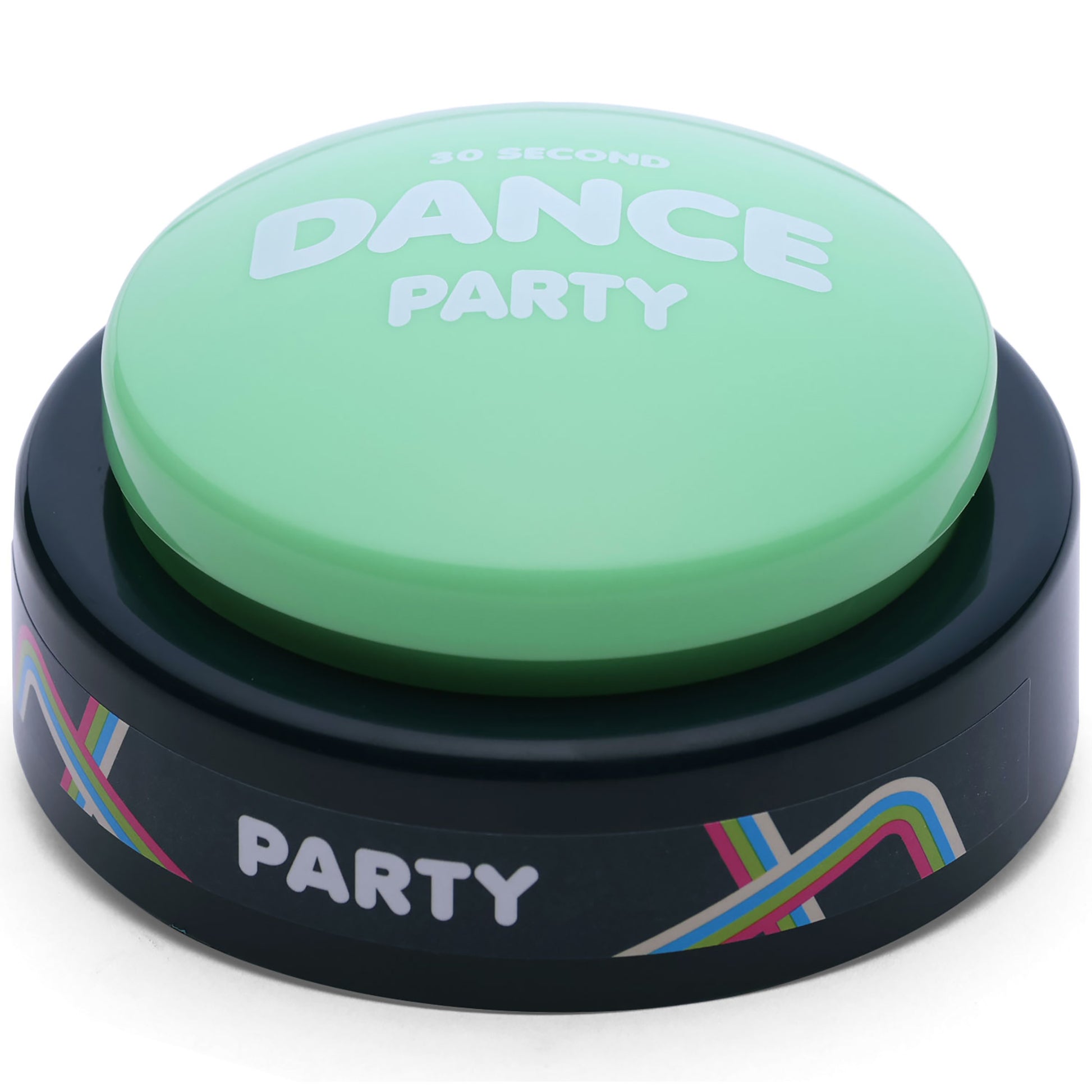 30 Second Dance Party green button toy with black base and colorful accents