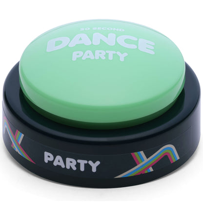 30 Second Dance Party green button toy with black base and colorful accents