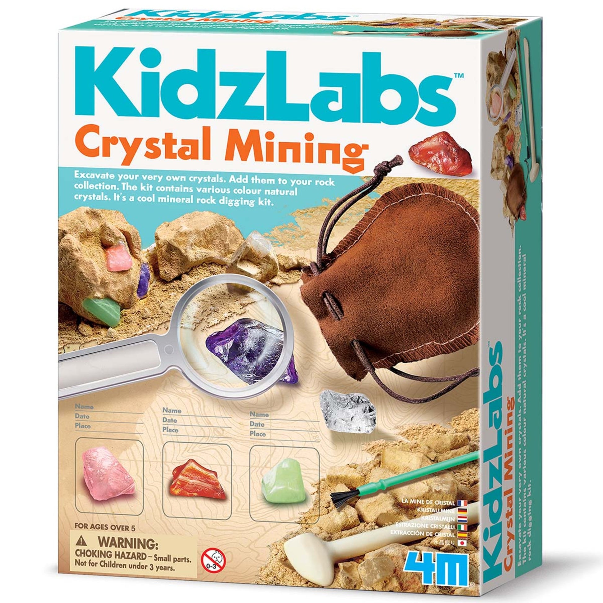 4M KidzLabs Crystal Mining Kit with excavation tools, colorful crystals, and brown pouch