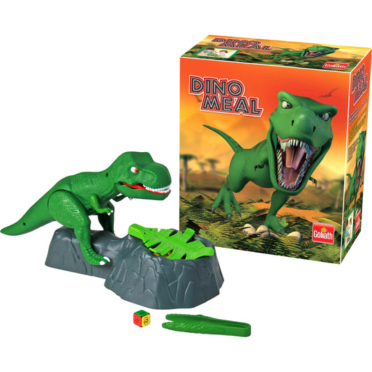 Dino Meal interactive board game with green dinosaur toy on gray rock base, dice, green feeding stick, and orange product box showing dinosaur with open mouth