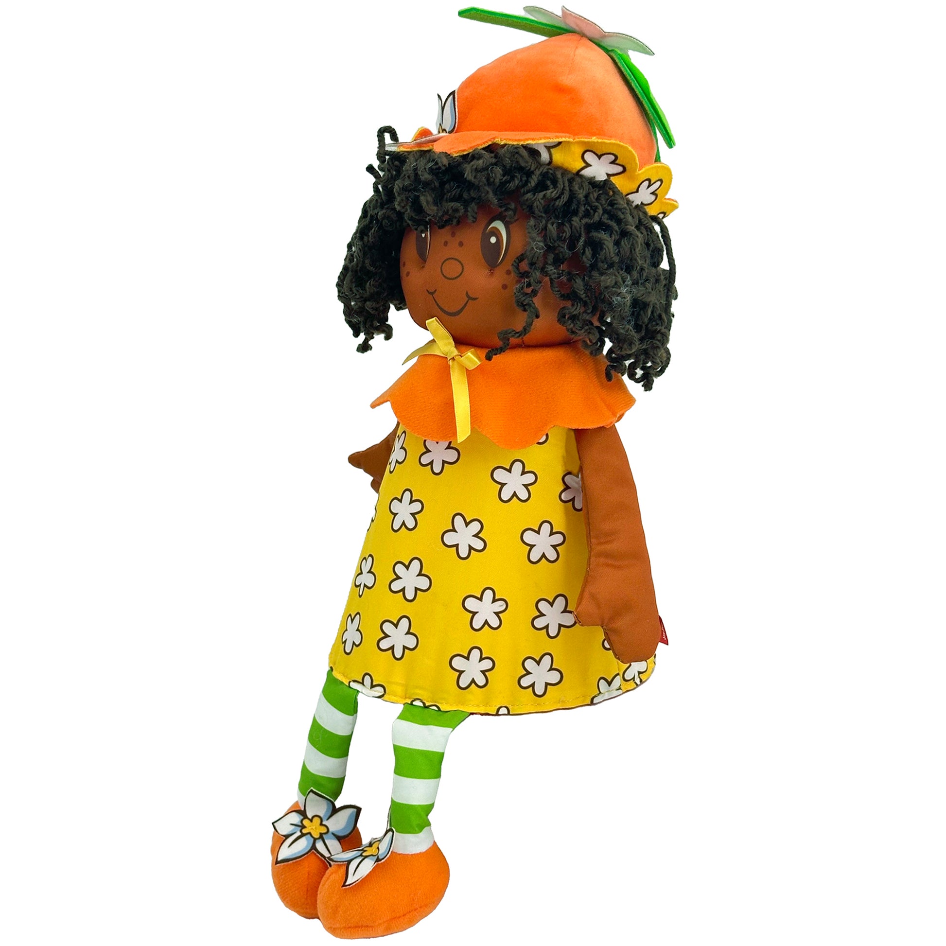 Orange Blossom 15" Strawberry Shortcake Pop 'n' Flip plush doll with orange hat, yellow flower dress, and green strip...