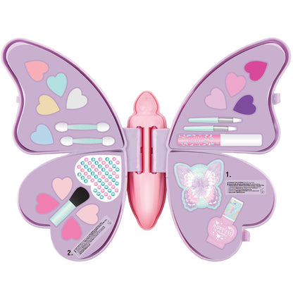 Glimmer & Glow Butterfly Cosmetic Set with purple wings, pink lip gloss applicator, and colorful makeup accessories