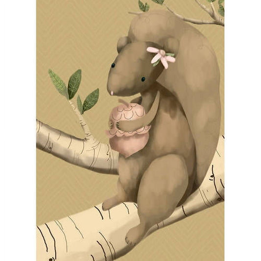 Illustrated squirrel character sitting on branch with pink flower in ear, holding green leaves, against tan background