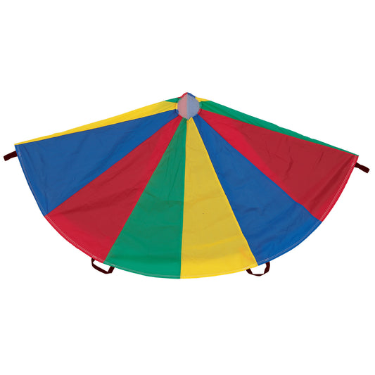 Multi-color parachute with alternating blue, red, yellow, and green panels, center handle, and brown grip handles around the edge