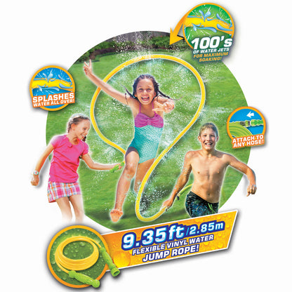 Jump 'N Splash Rope water jump rope with 100 water jets, 9.35ft flexible vinyl, yellow and green