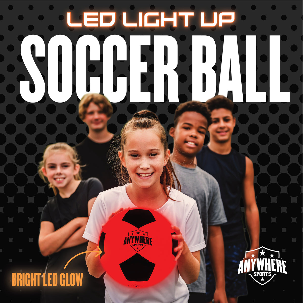 LED Light-Up Soccer Ball in red and black with bright glowing lights, held by smiling child with group of kids behind