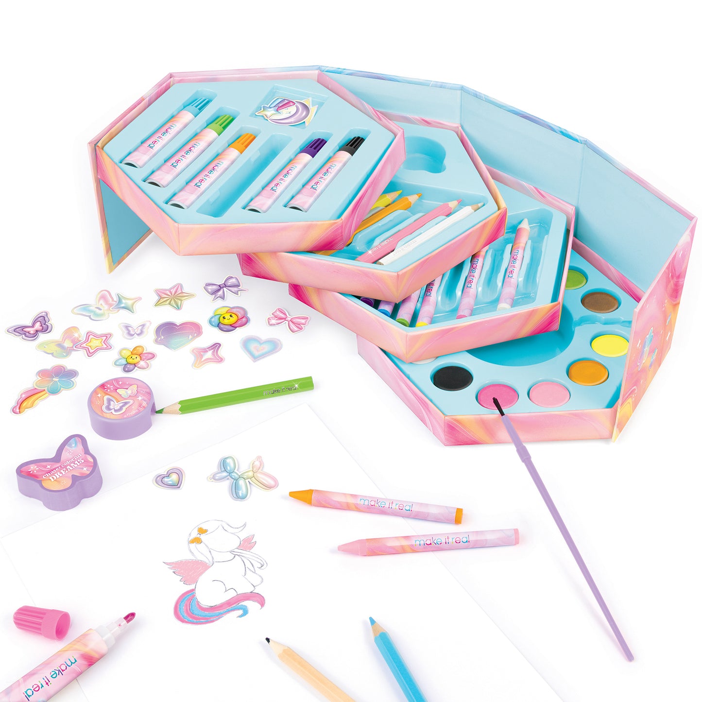 Make It Real Creative Heart Art Studio Set - Hexagon 68pc Kit for Tween Girls